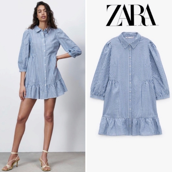 NWOT! Zara Blue & White Seersucker Cotton Collared Dress With Buttons Down Front - Picture 1 of 6
